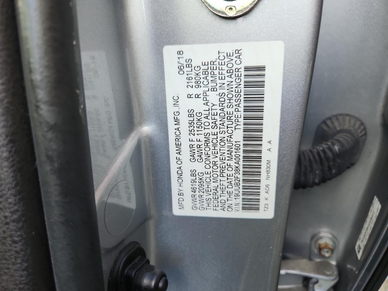 2019 Acura Tlx VIN: 19UUB2F38KA001601 Lot: 63490025