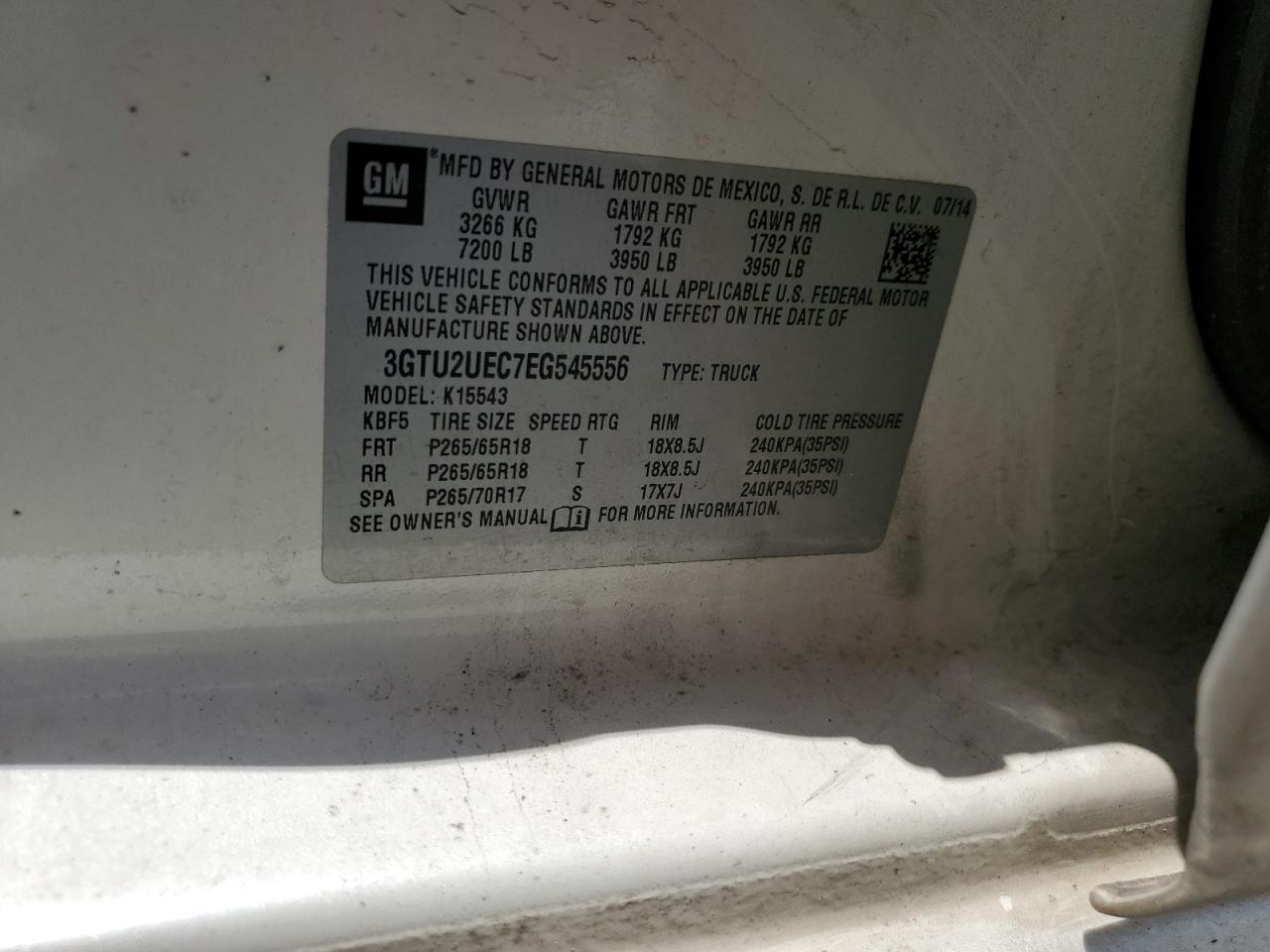 2014 GMC Sierra K1500 Sle VIN: 3GTU2UEC7EG545556 Lot: 65400385