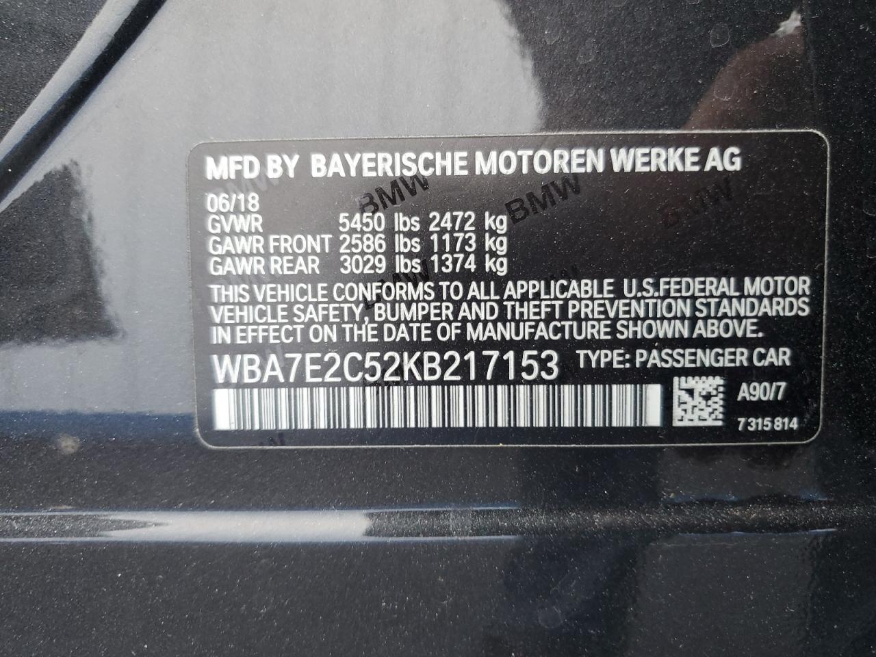 2019 BMW 740 I VIN: WBA7E2C52KB217153 Lot: 65205835