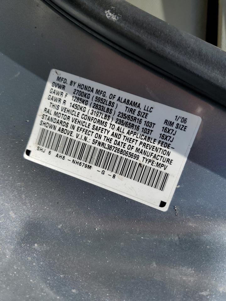 2006 Honda Odyssey Exl VIN: 5FNRL38726B065699 Lot: 65465525