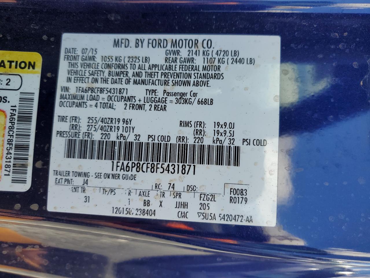 2015 Ford Mustang Gt VIN: 1FA6P8CF8F5431871 Lot: 63925245