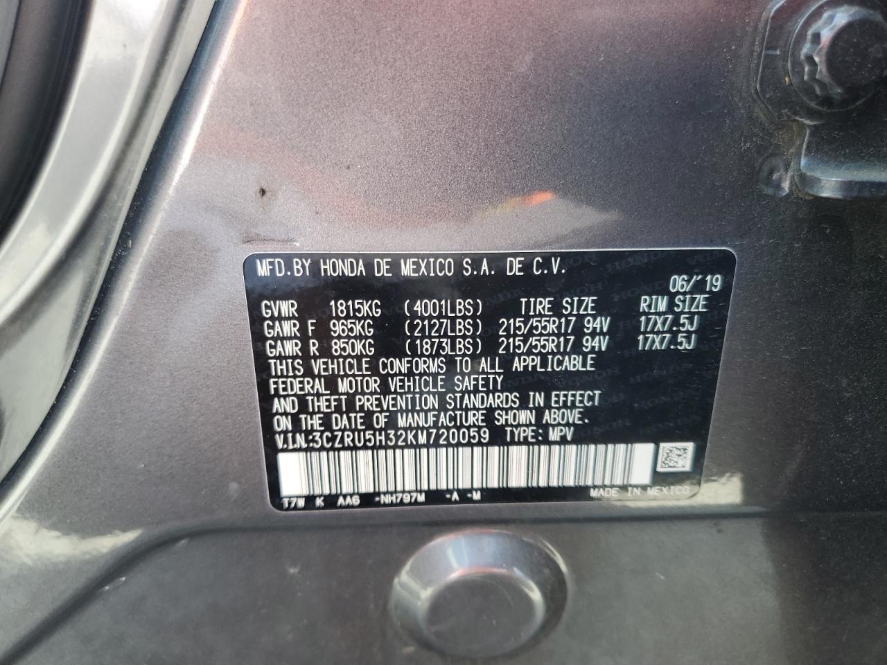 2019 Honda Hr-V Lx VIN: 3CZRU5H32KM720059 Lot: 65144155
