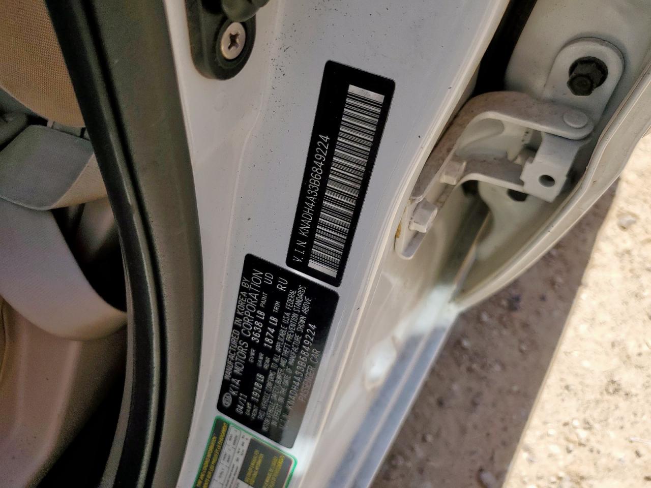 2011 Kia Rio Base VIN: KNADH4A33B6849224 Lot: 66298625