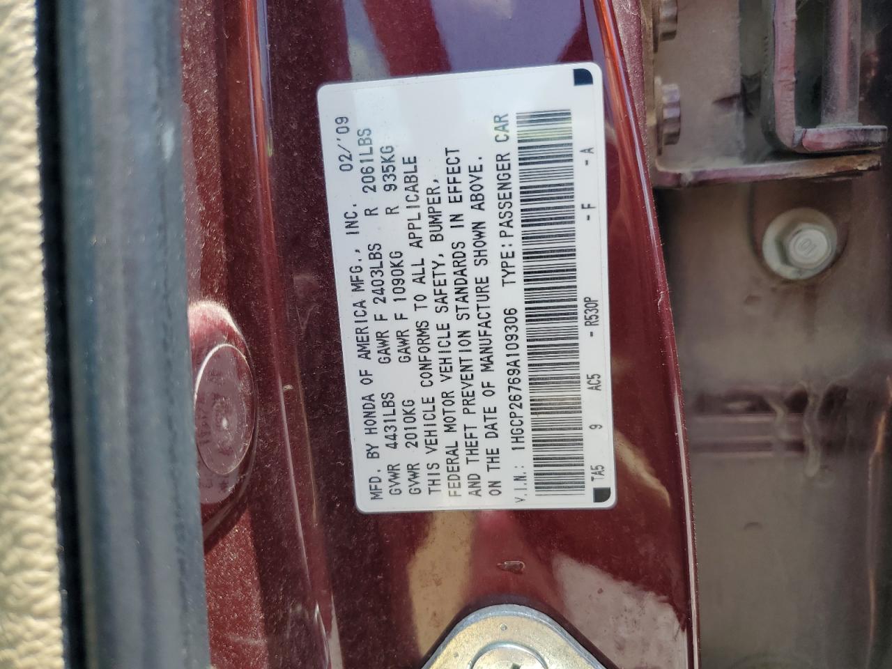 2009 Honda Accord Ex VIN: 1HGCP26769A109306 Lot: 63458485