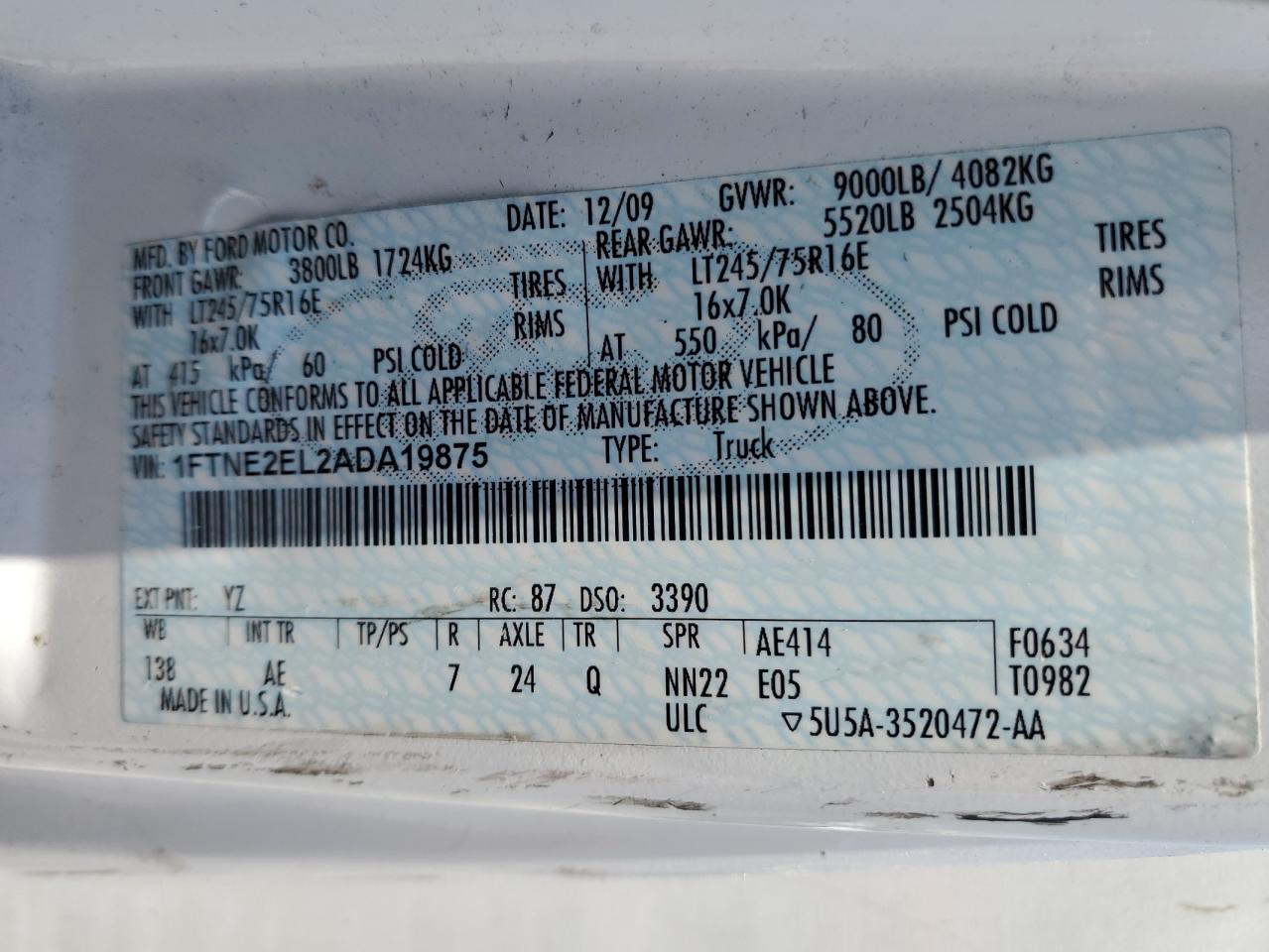 2010 Ford Econoline E250 Van VIN: 1FTNE2EL2ADA19875 Lot: 61048865