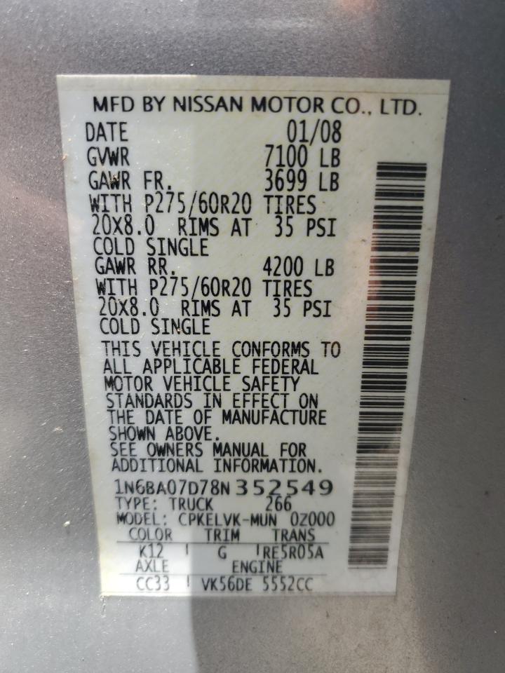 2008 Nissan Titan Xe VIN: 1N6BA07D78N352549 Lot: 62672695