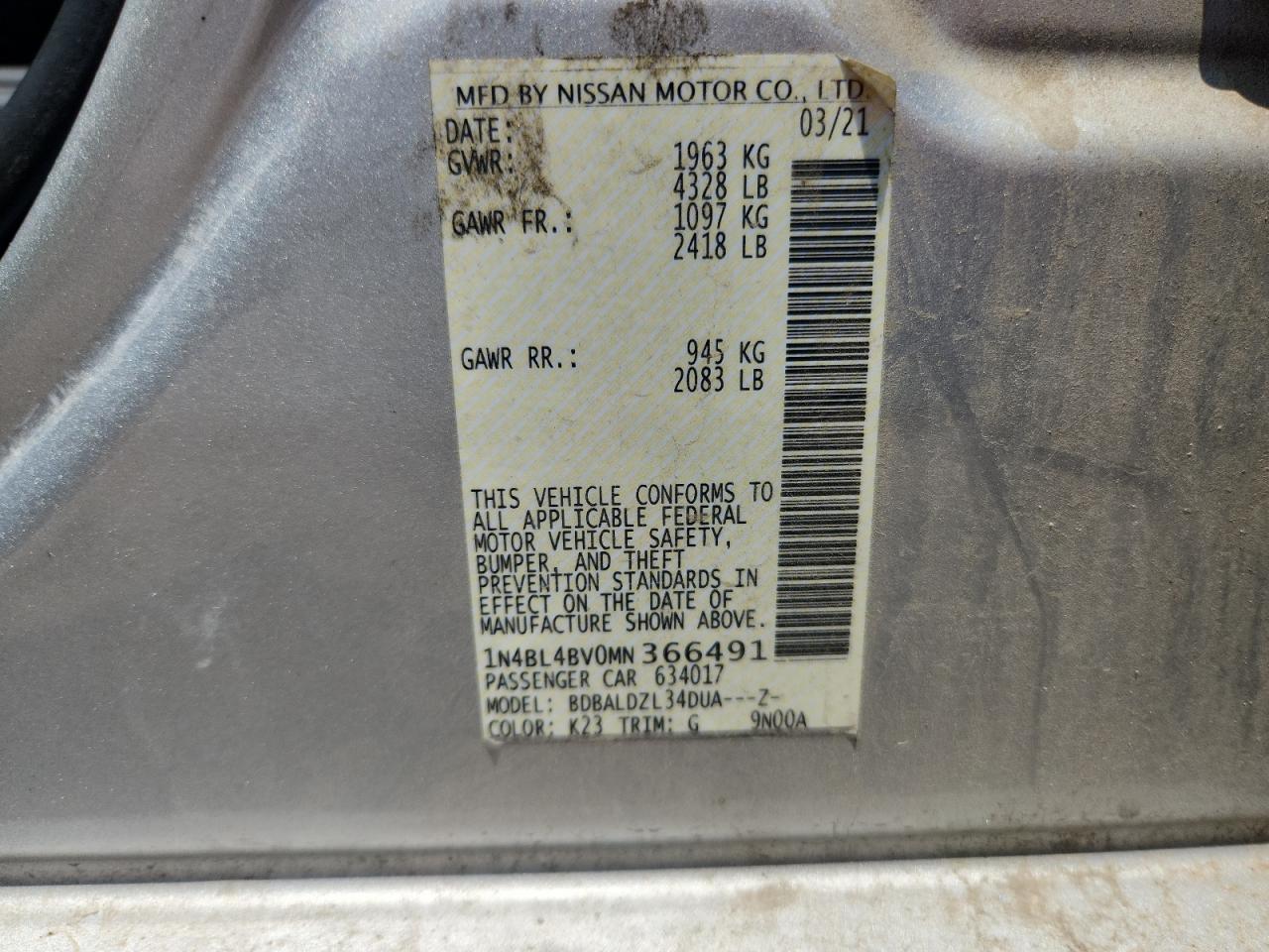 2021 Nissan Altima S VIN: 1N4BL4BV0MN366491 Lot: 63414765