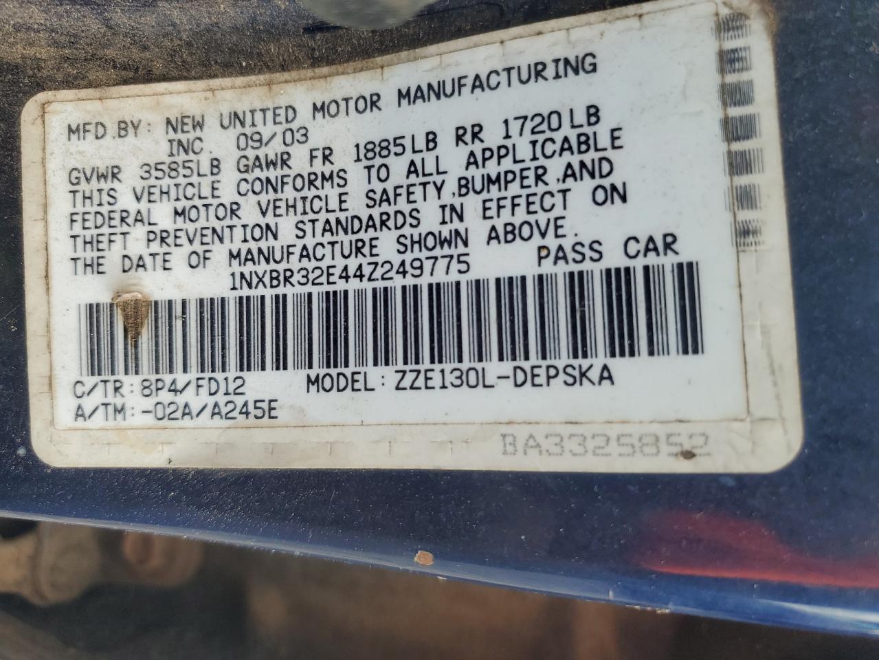 1nxbr32e44z249775 1NXBR32E44Z249775 2004 Toyota Corolla Ce