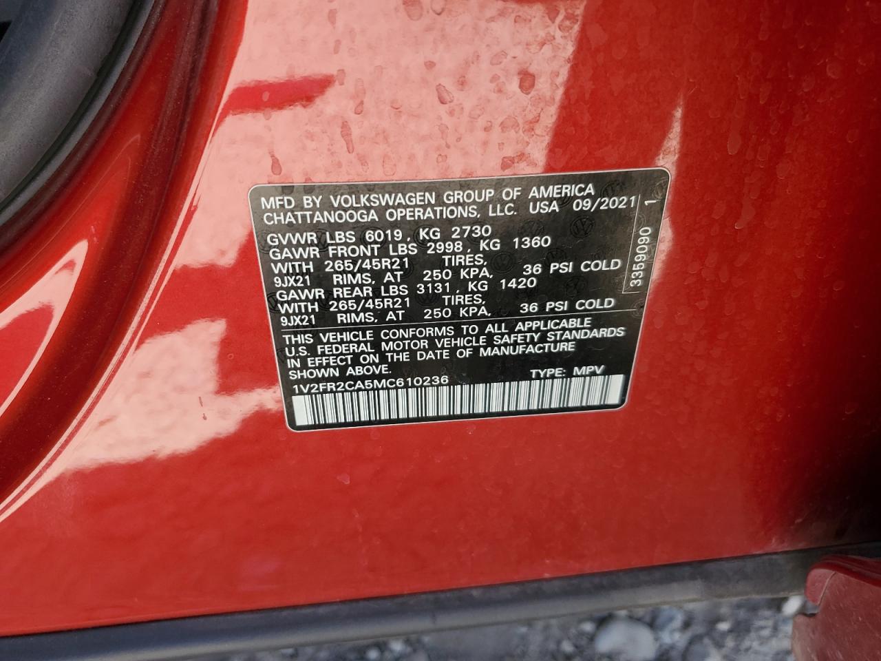 1v2fr2ca5mc610236 1V2FR2CA5MC610236 2021 Volkswagen Atlas Sel Premium R-Line