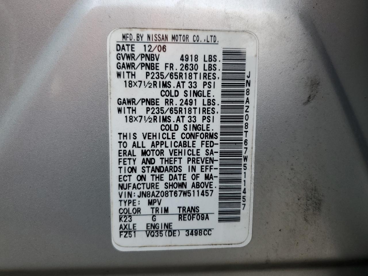 2007 Nissan Murano Sl VIN: JN8AZ08T67W511457 Lot: 64845685
