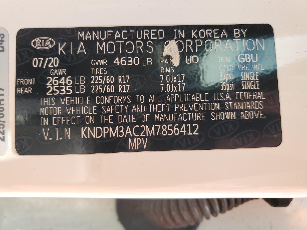 2021 Kia Sportage Lx VIN: KNDPM3AC2M7856412 Lot: 64586095