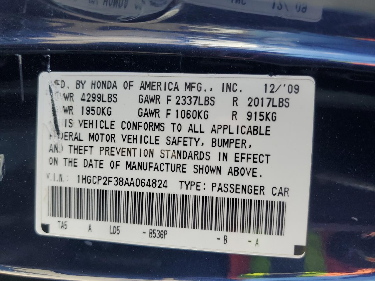 2010 Honda Accord Lx VIN: 1HGCP2F38AA064824 Lot: 64404665