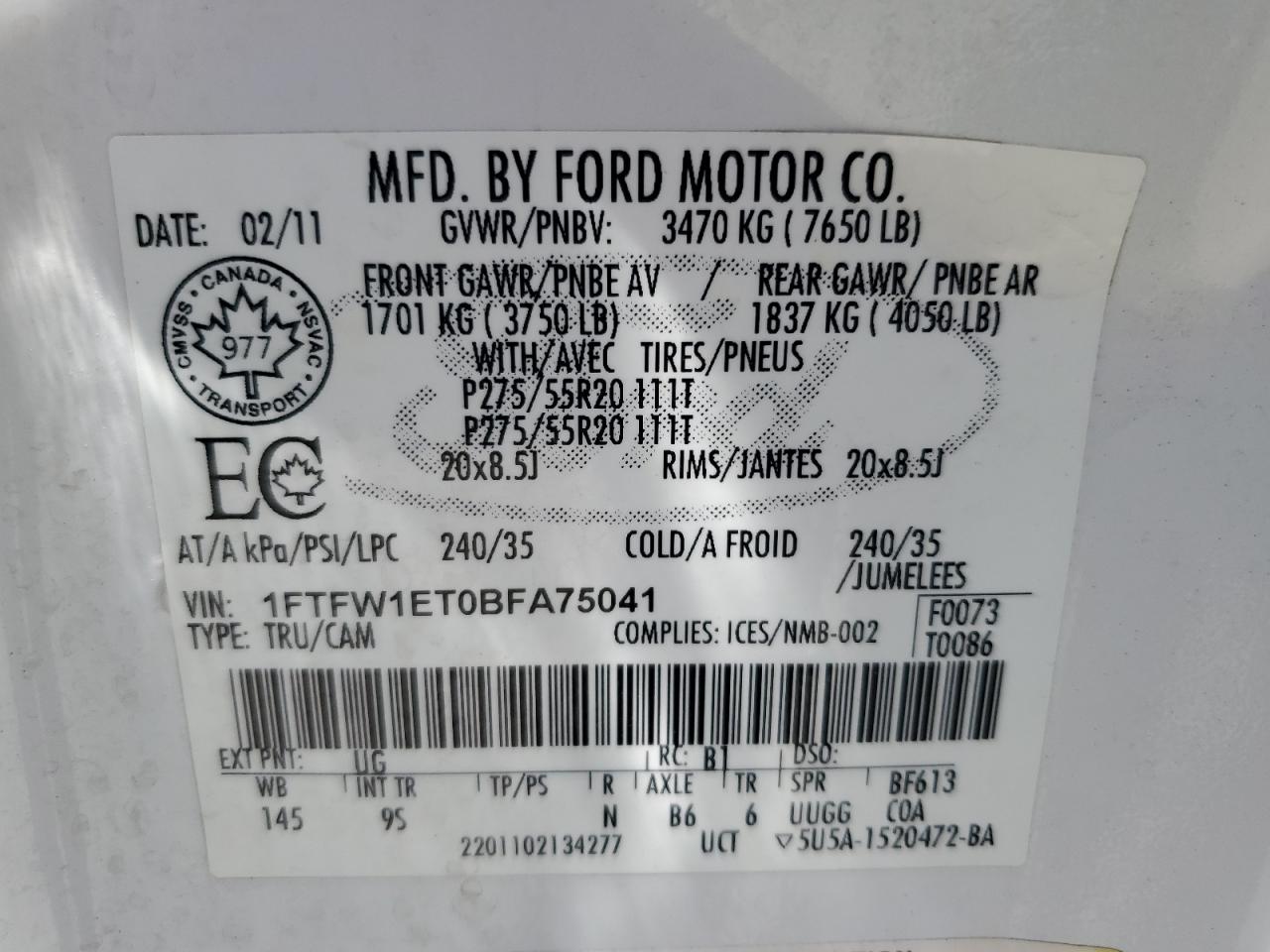 2011 Ford F150 Supercrew VIN: 1FTFW1ET0BFA75041 Lot: 62844325