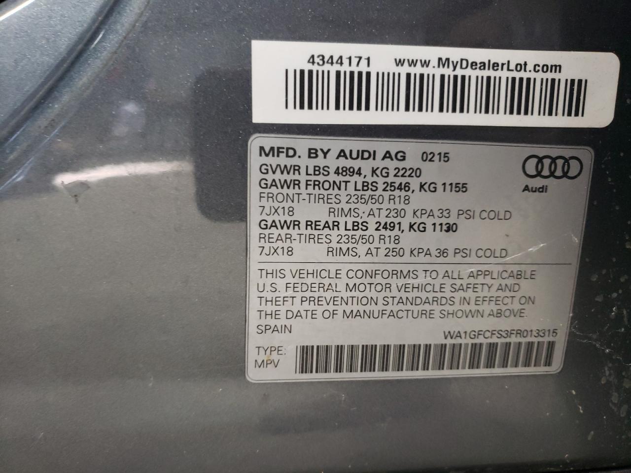 2015 Audi Q3 Prestige VIN: WA1GFCFS3FR013315 Lot: 61334725