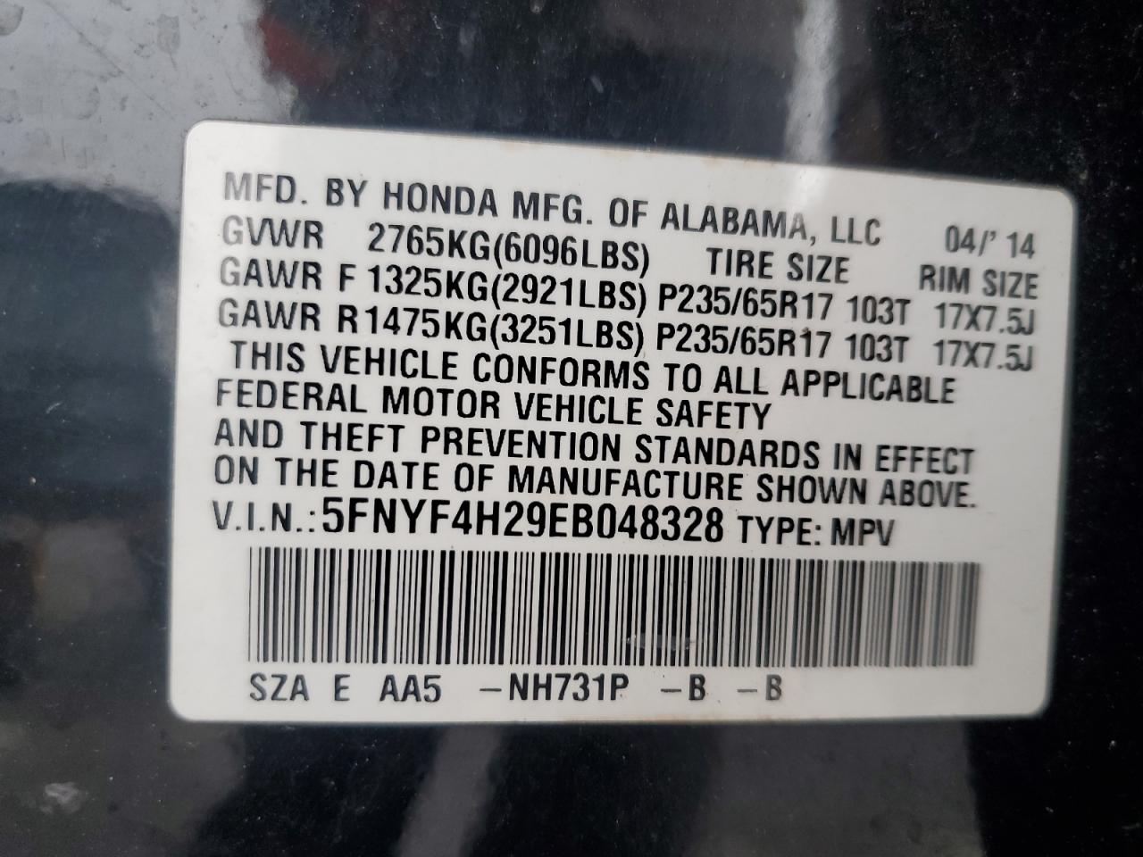 2014 Honda Pilot Lx VIN: 5FNYF4H29EB048328 Lot: 64423345