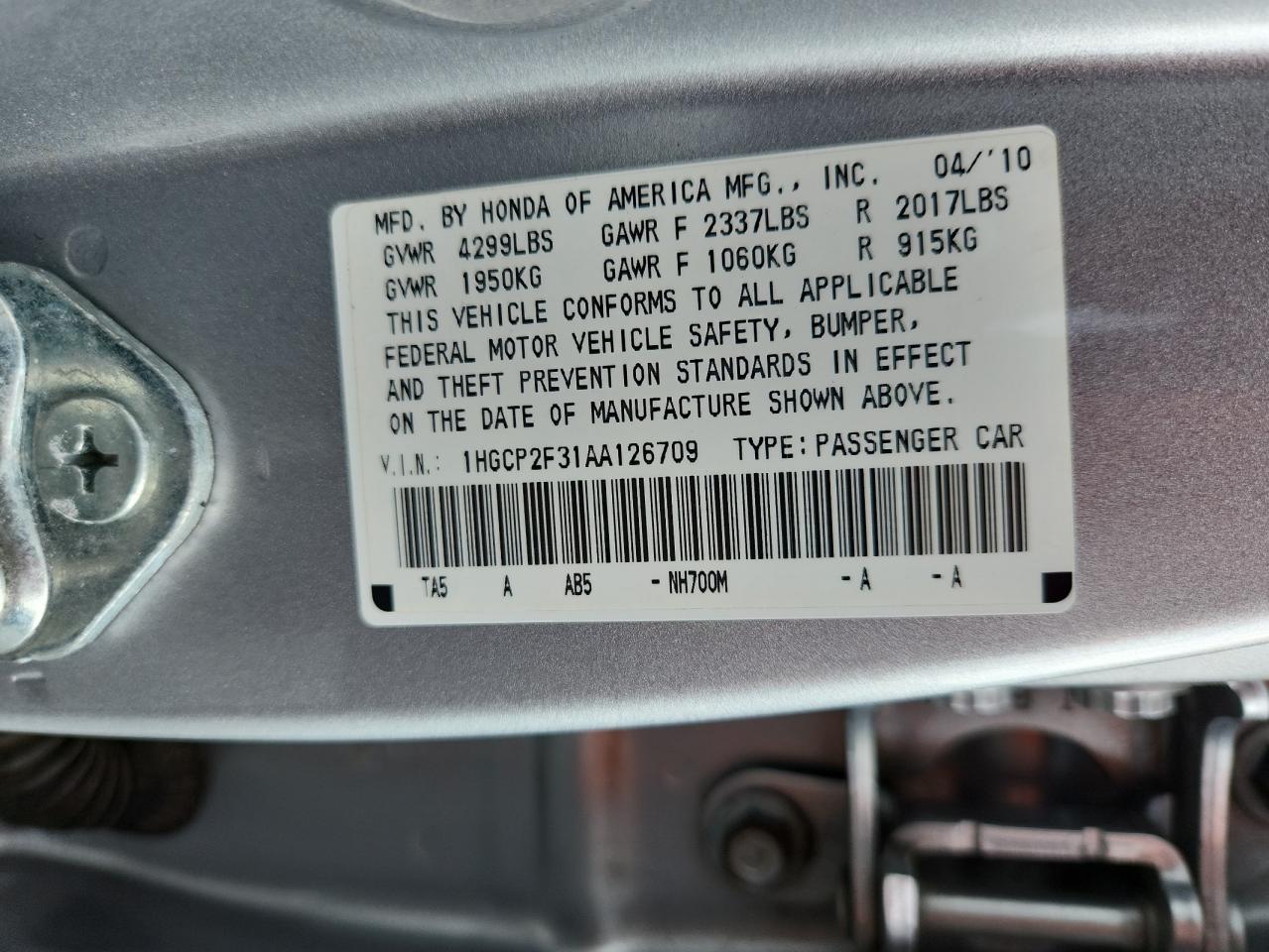 2010 Honda Accord Lx VIN: 1HGCP2F31AA126709 Lot: 64933645