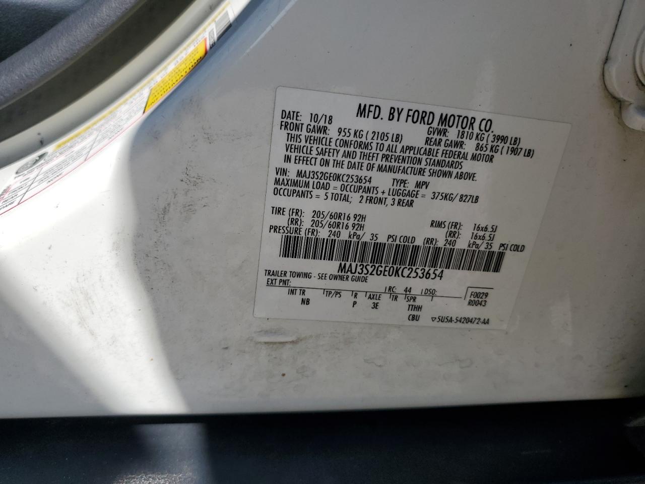 2019 Ford Ecosport Se VIN: MAJ3S2GE0KC253654 Lot: 63099275