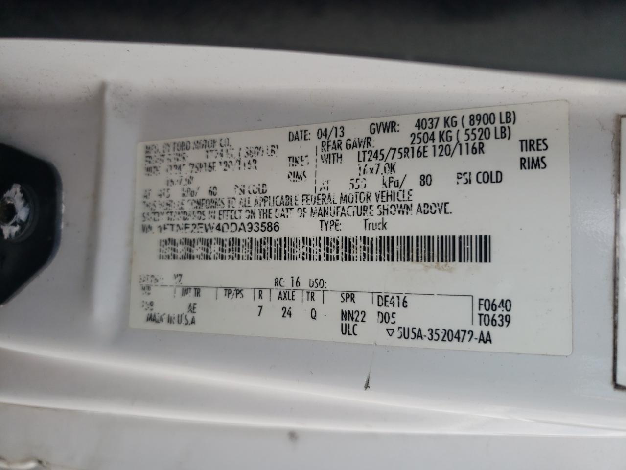 2013 Ford Econoline E250 Van VIN: 1FTNE2EW4DDA93586 Lot: 63841875