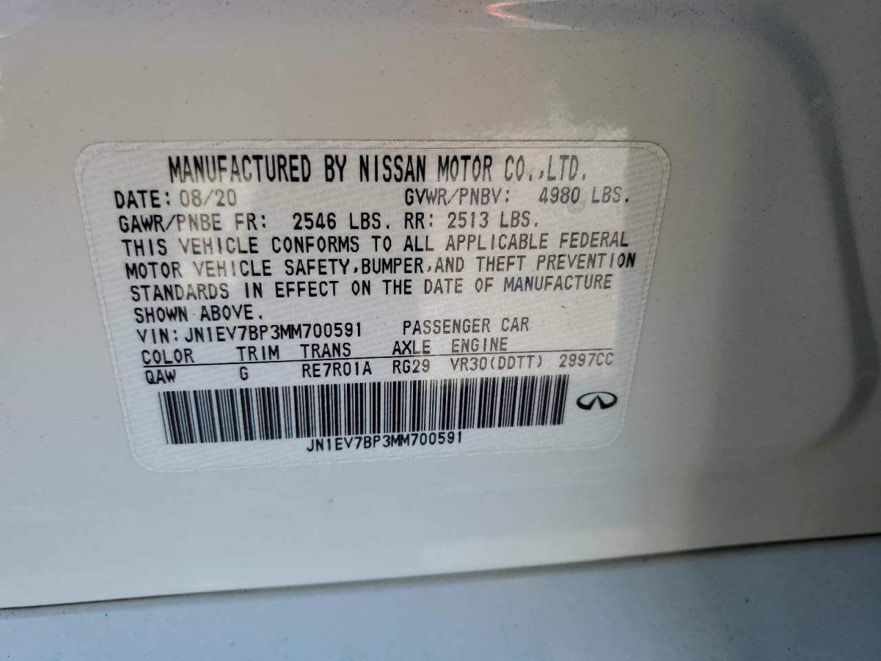 2021 Infiniti Q50 Luxe VIN: JN1EV7BP3MM700591 Lot: 66920405