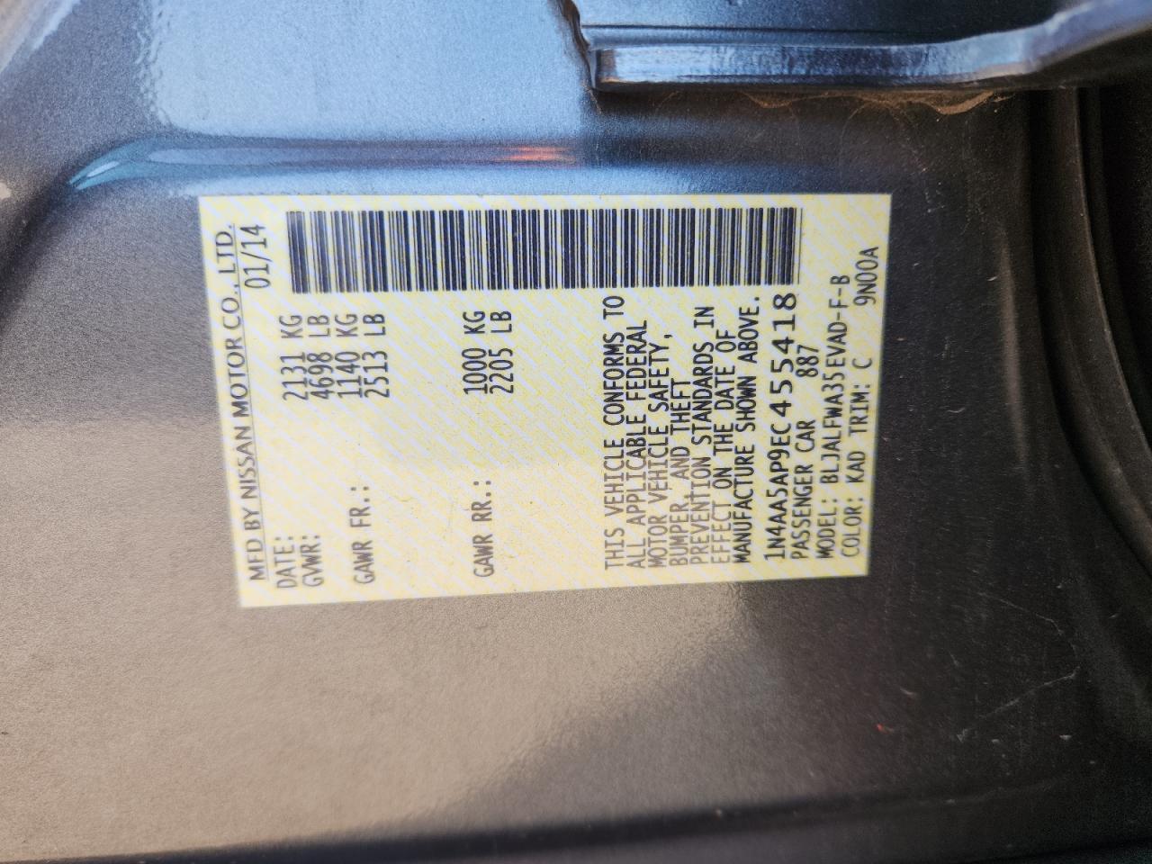2014 Nissan Maxima S VIN: 1N4AA5AP9EC455418 Lot: 64793625