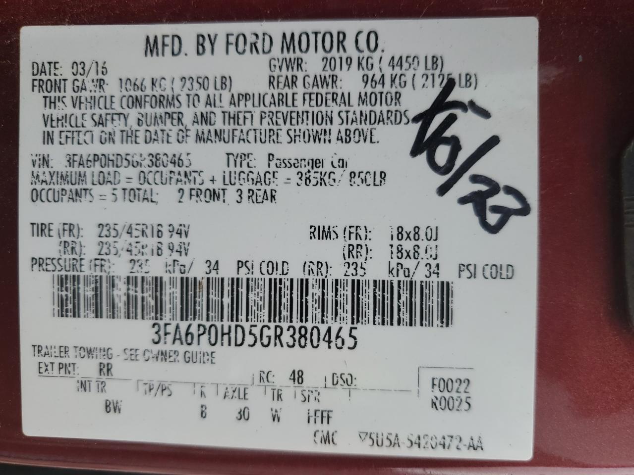 2016 Ford Fusion Se VIN: 3FA6P0HD5GR380465 Lot: 66203105