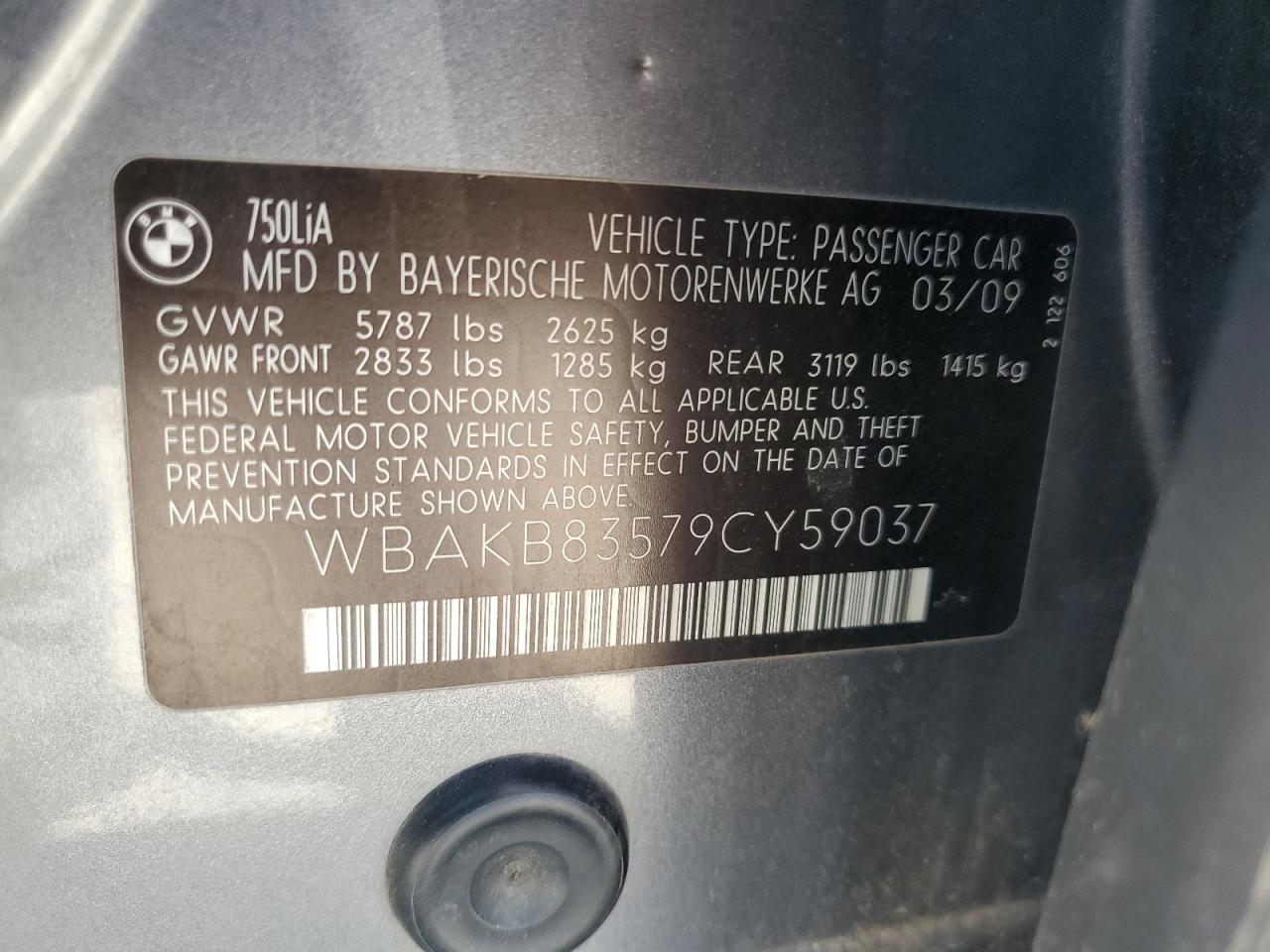 2009 BMW 750 Li VIN: WBAKB83579CY59037 Lot: 63866625