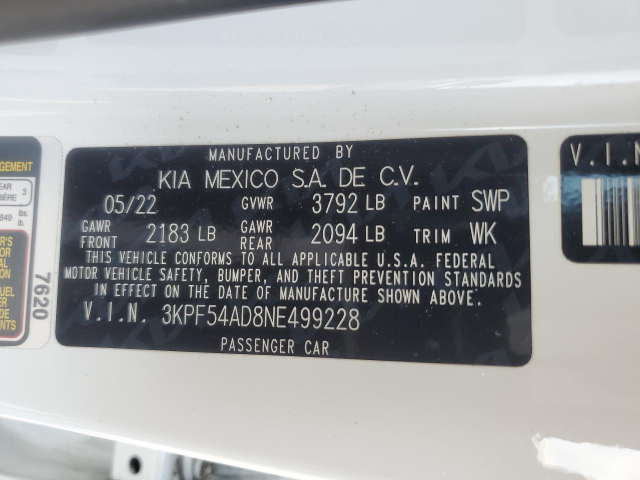 2022 Kia Forte Gt Line VIN: 3KPF54AD8NE499228 Lot: 62547805