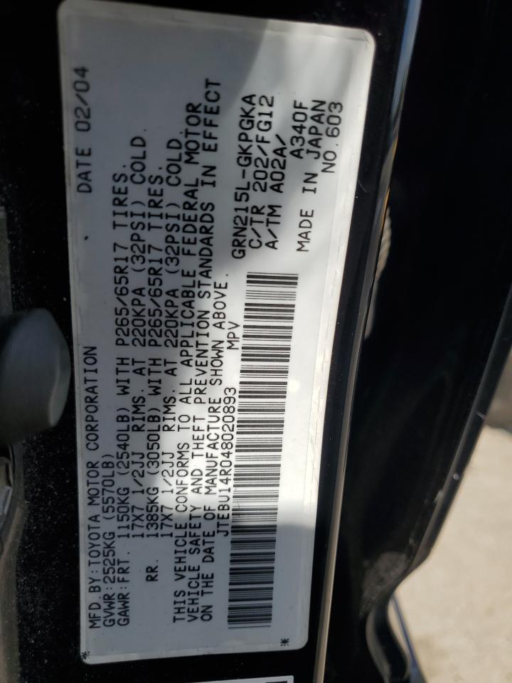 2004 Toyota 4Runner Sr5 VIN: JTEBU14R048020893 Lot: 65054125
