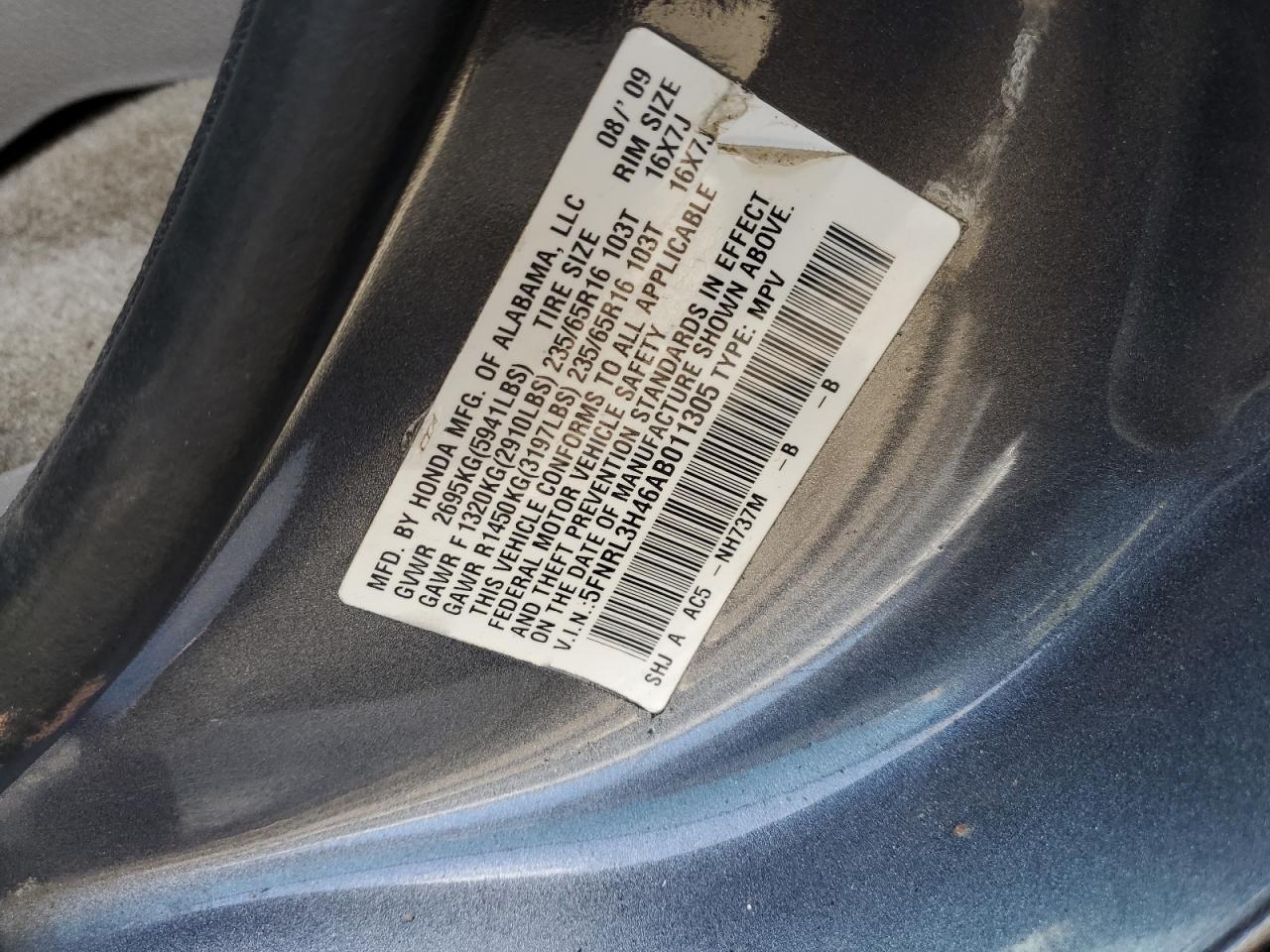 2010 Honda Odyssey Ex VIN: 5FNRL3H46AB011305 Lot: 64779365