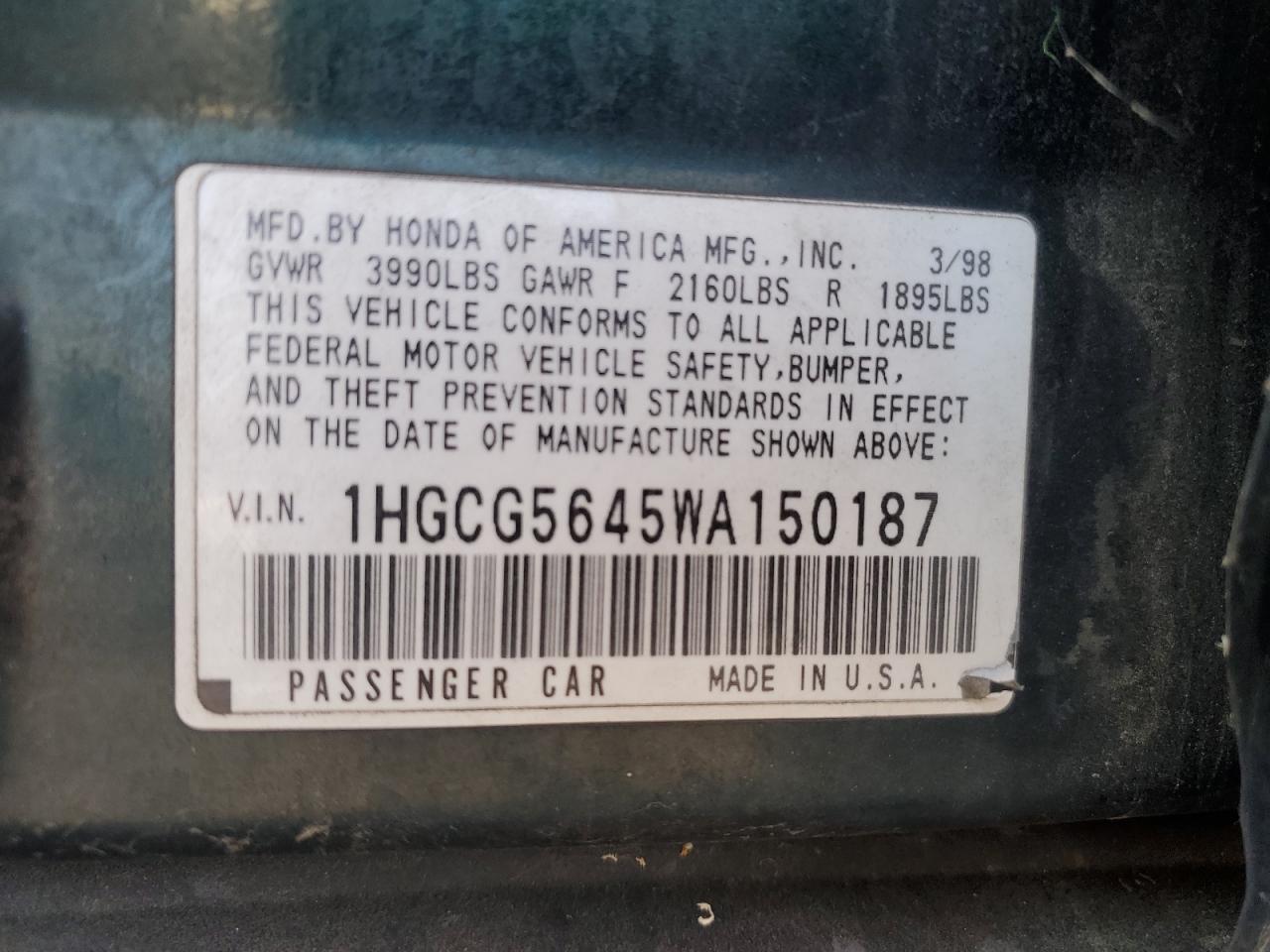 1998 Honda Accord Lx VIN: 1HGCG5645WA150187 Lot: 65511215