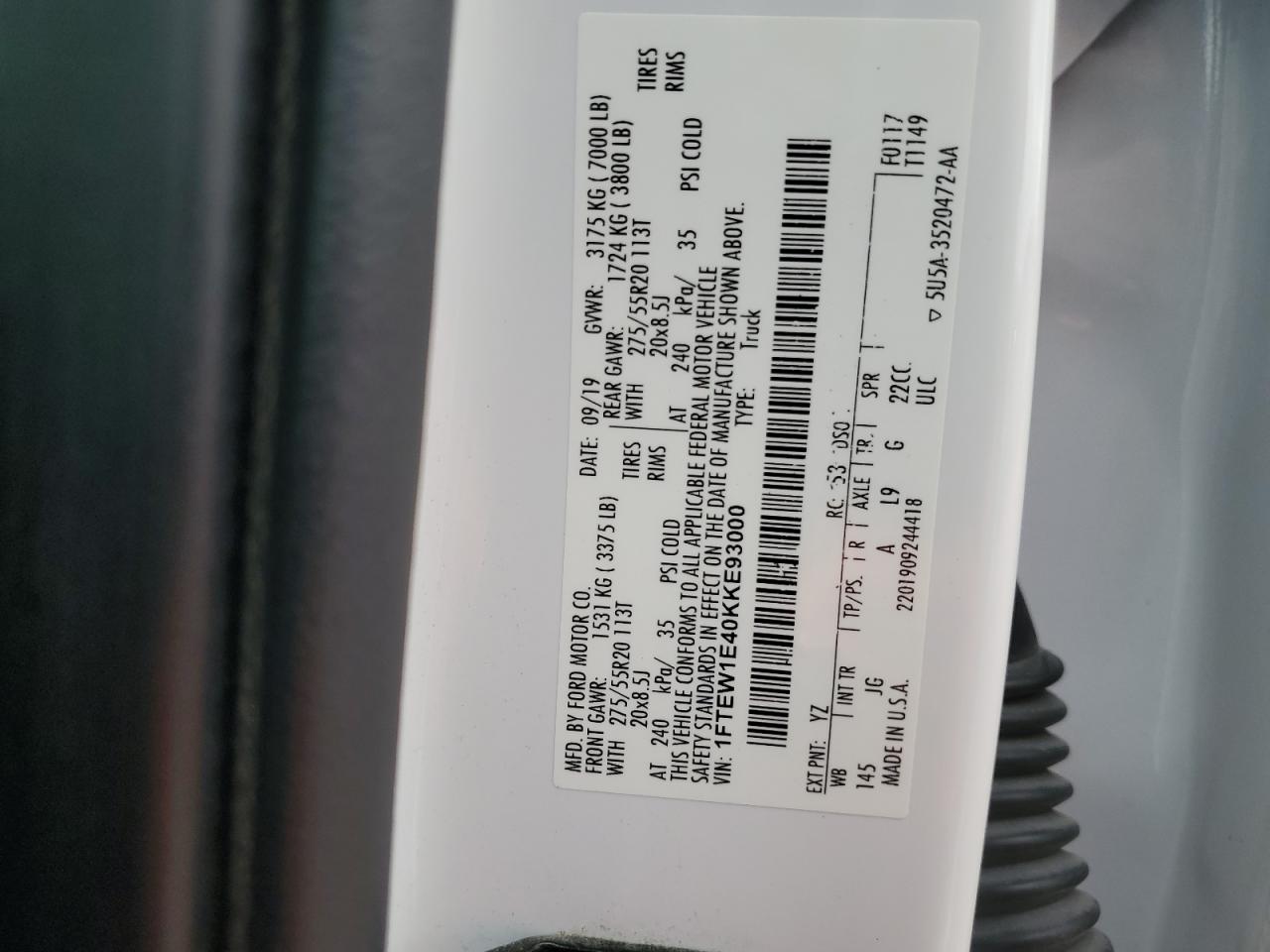 2019 Ford F150 Supercrew VIN: 1FTEW1E40KKE93000 Lot: 65140535