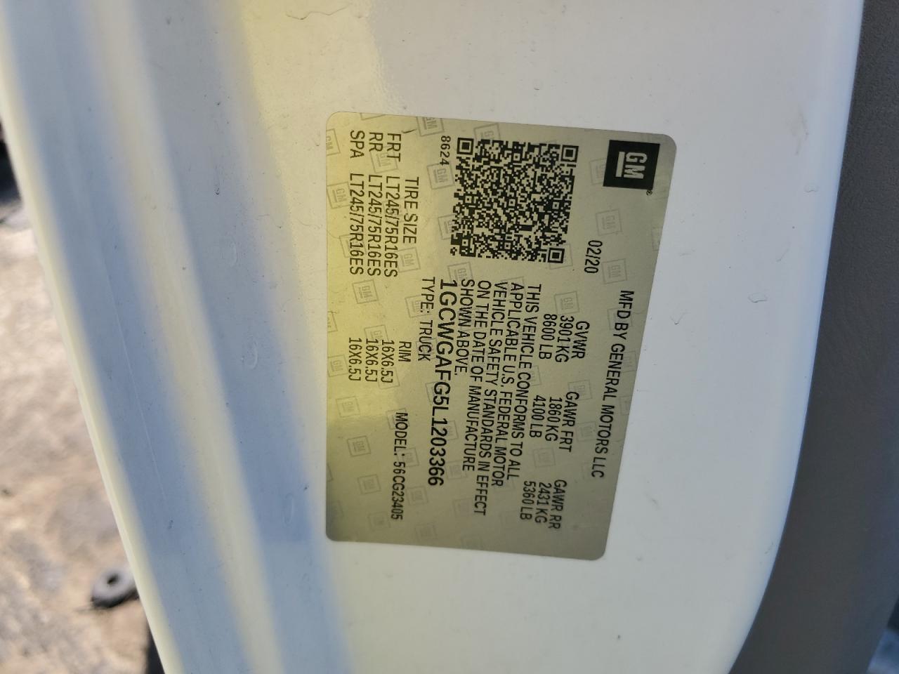 2020 Chevrolet Express G2500 VIN: 1GCWGAFG5L1203366 Lot: 65927675