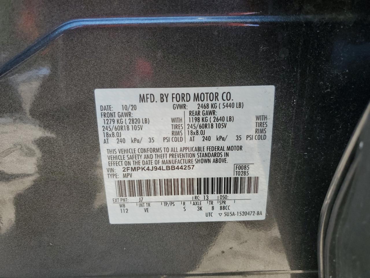 2020 Ford Edge Sel VIN: 2FMPK4J94LBB44257 Lot: 64301545