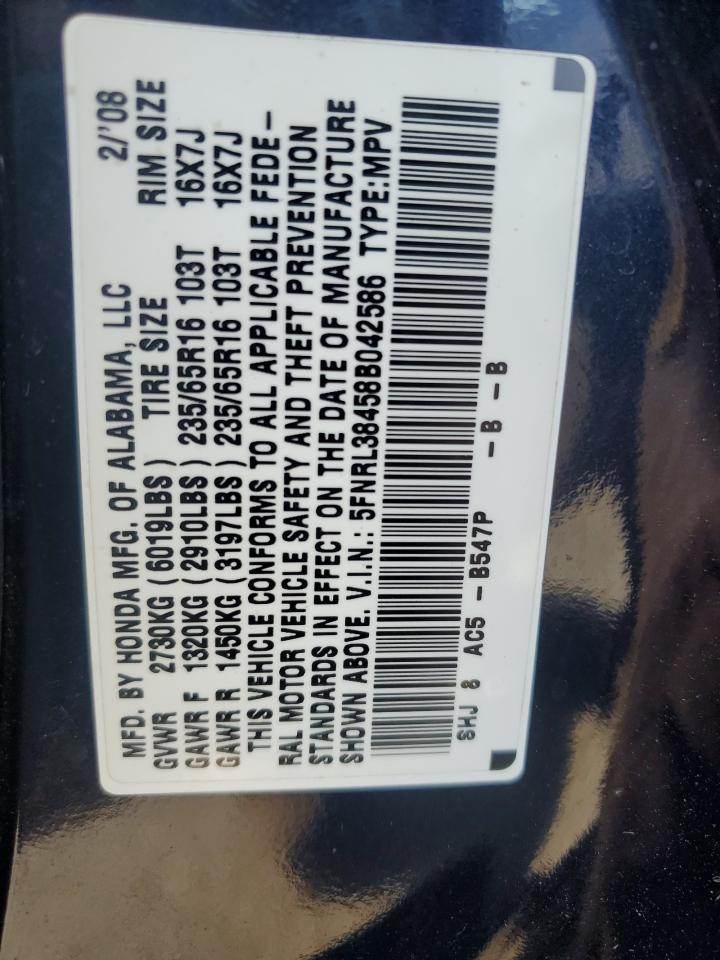 2008 Honda Odyssey Ex VIN: 5FNRL38458B042586 Lot: 65016245