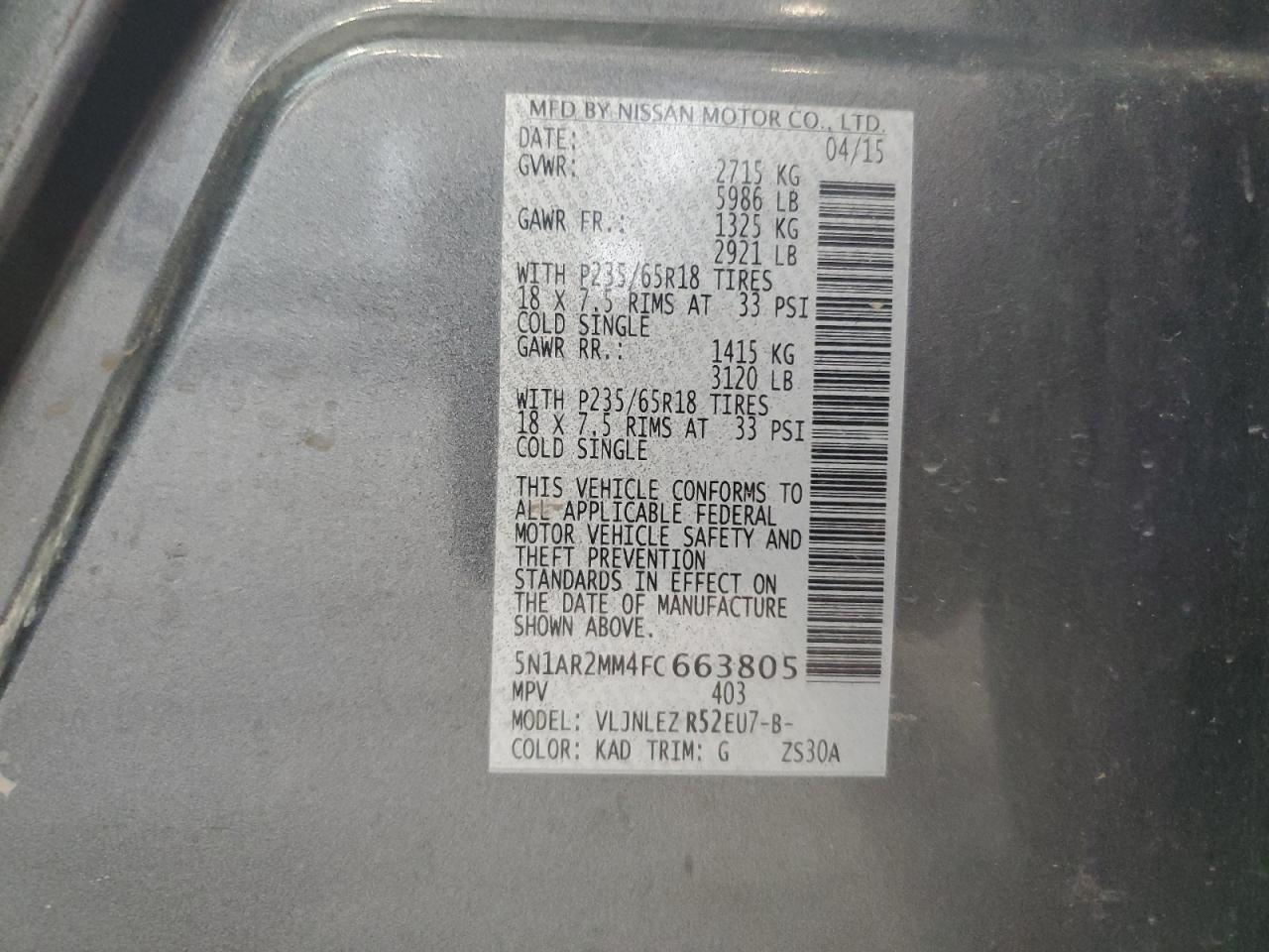 5n1ar2mm4fc663805 5N1AR2MM4FC663805 2015 Nissan Pathfinder S