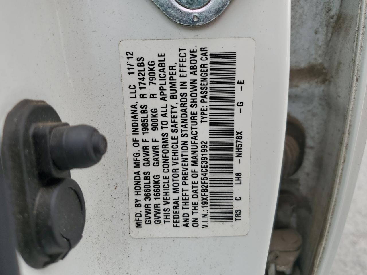 2012 Honda Civic Lx VIN: 19XFB2F54CE391992 Lot: 64655485