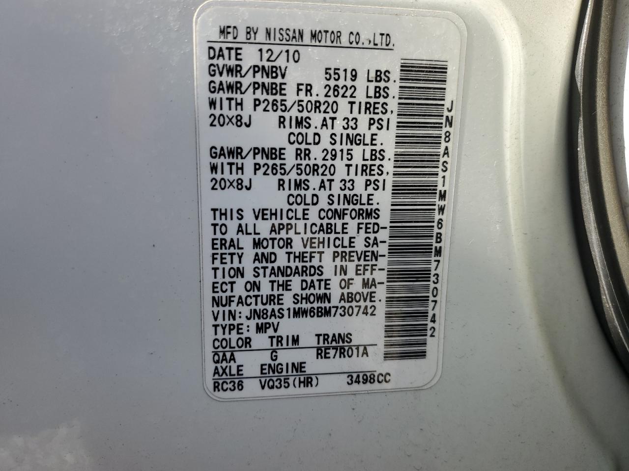 2011 Infiniti Fx35 VIN: JN8AS1MW6BM730742 Lot: 63006515
