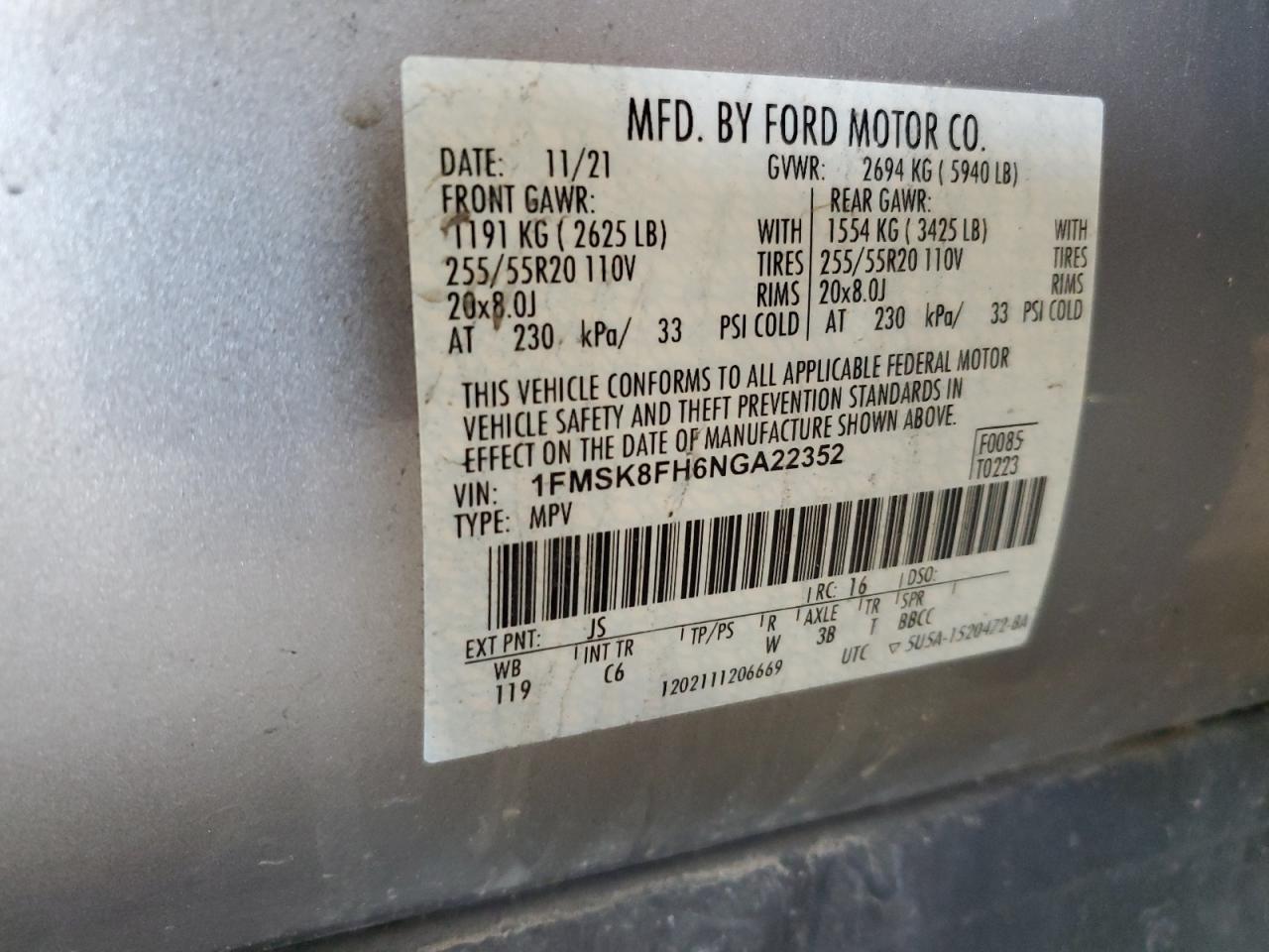 2022 Ford Explorer Limited VIN: 1FMSK8FH6NGA22352 Lot: 65375235