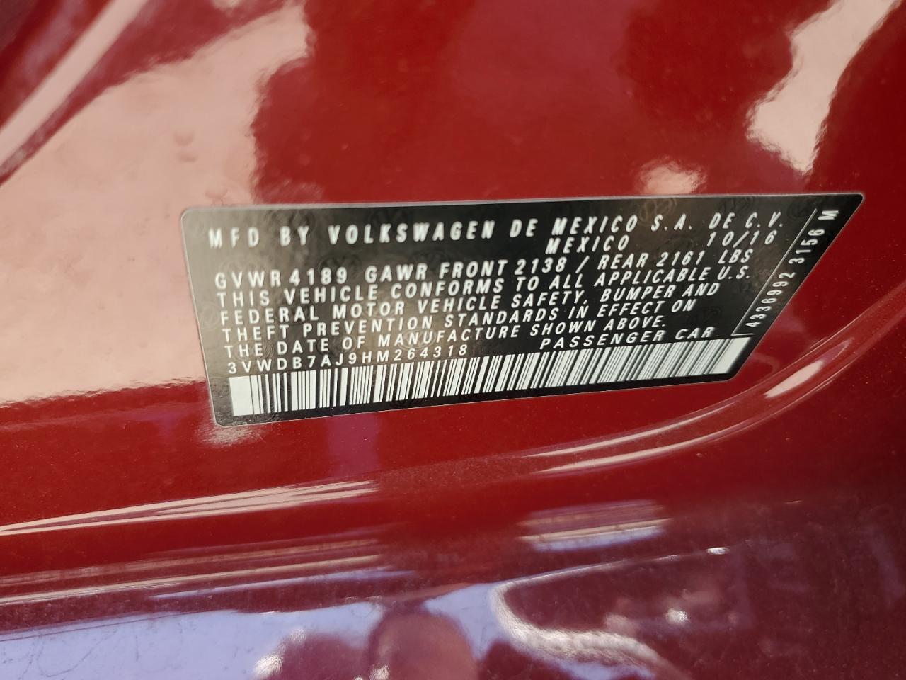 2017 Volkswagen Jetta Se VIN: 3VWDB7AJ9HM264318 Lot: 65291615