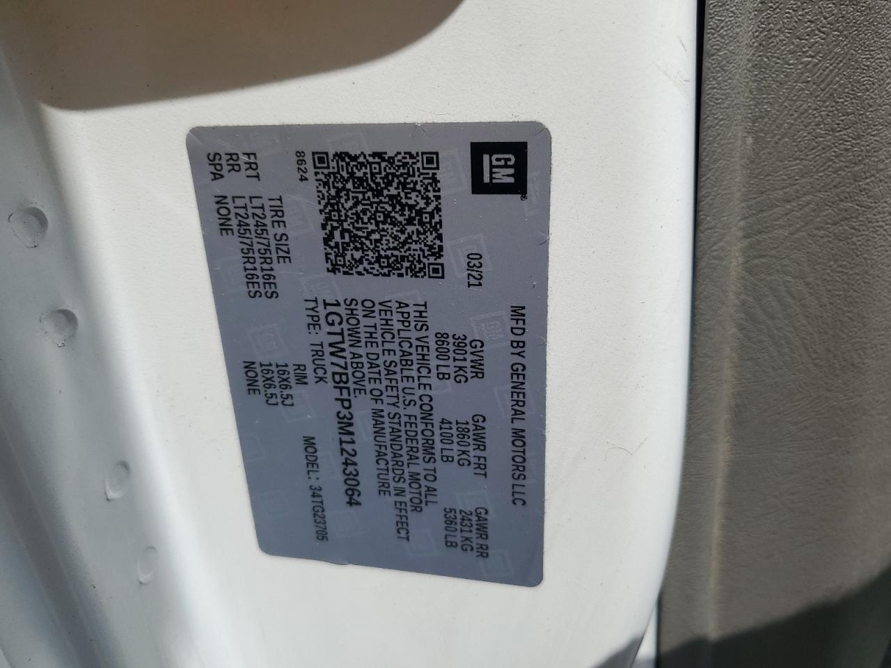 2021 GMC Savana G2500 VIN: 1GTW7BFP3M1243064 Lot: 65297885