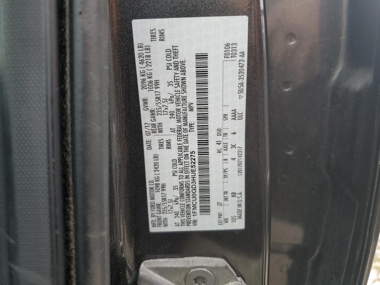 2017 Ford Escape Se VIN: 1FMCU0GD3HUE52275 Lot: 64608905