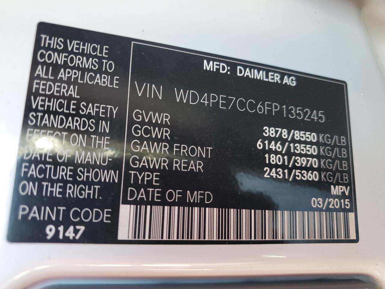2015 Mercedes-Benz Sprinter 2500 VIN: WD4PE7CC6FP135245 Lot: 65355975