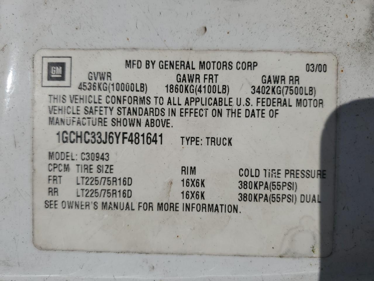 2000 Chevrolet Gmt-400 C3500 VIN: 1GCHC33J6YF481641 Lot: 63652095