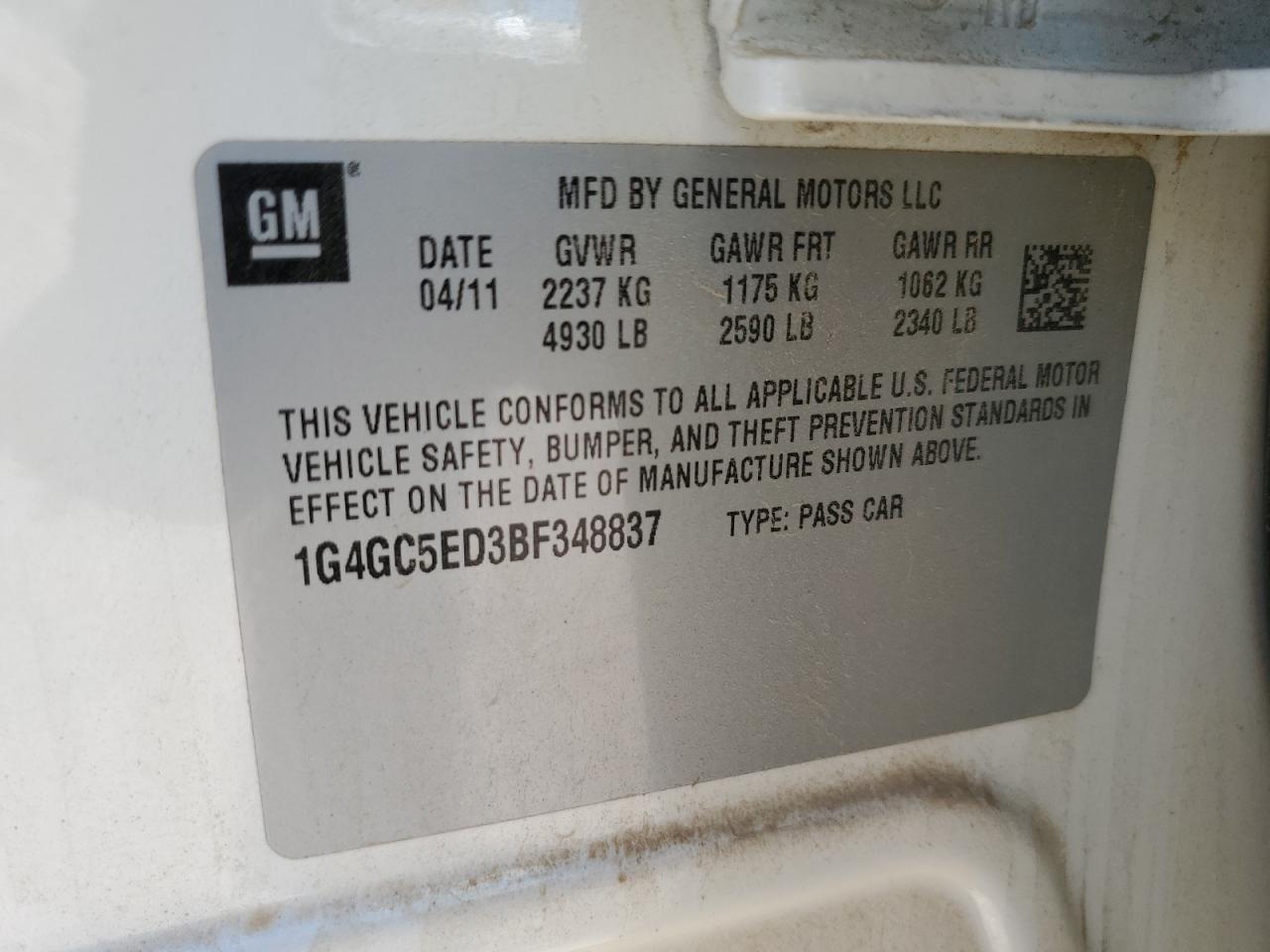 2011 Buick Lacrosse Cxl VIN: 1G4GC5ED3BF348837 Lot: 64259975