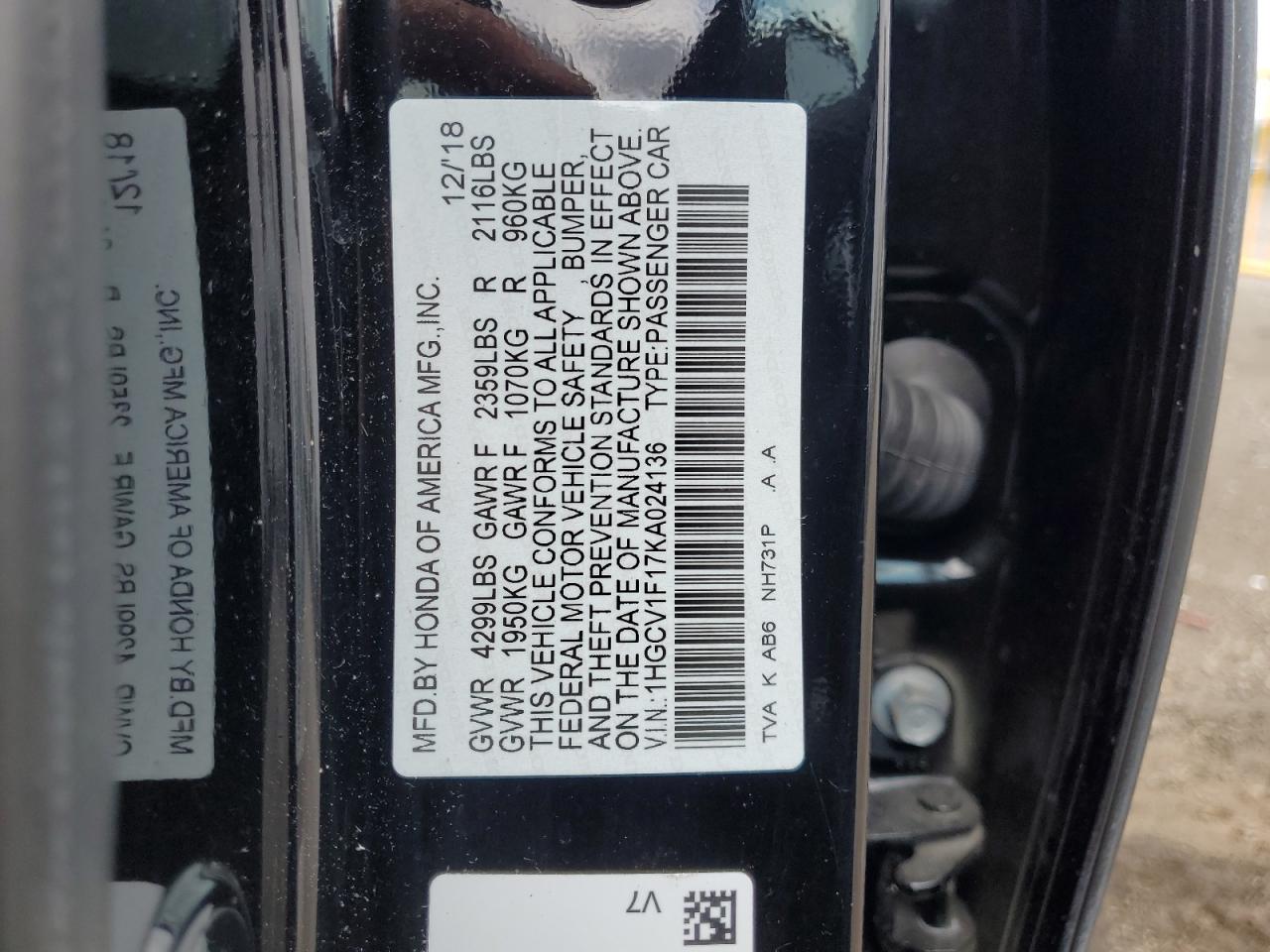 2019 Honda Accord Lx VIN: 1HGCV1F17KA024136 Lot: 63633285