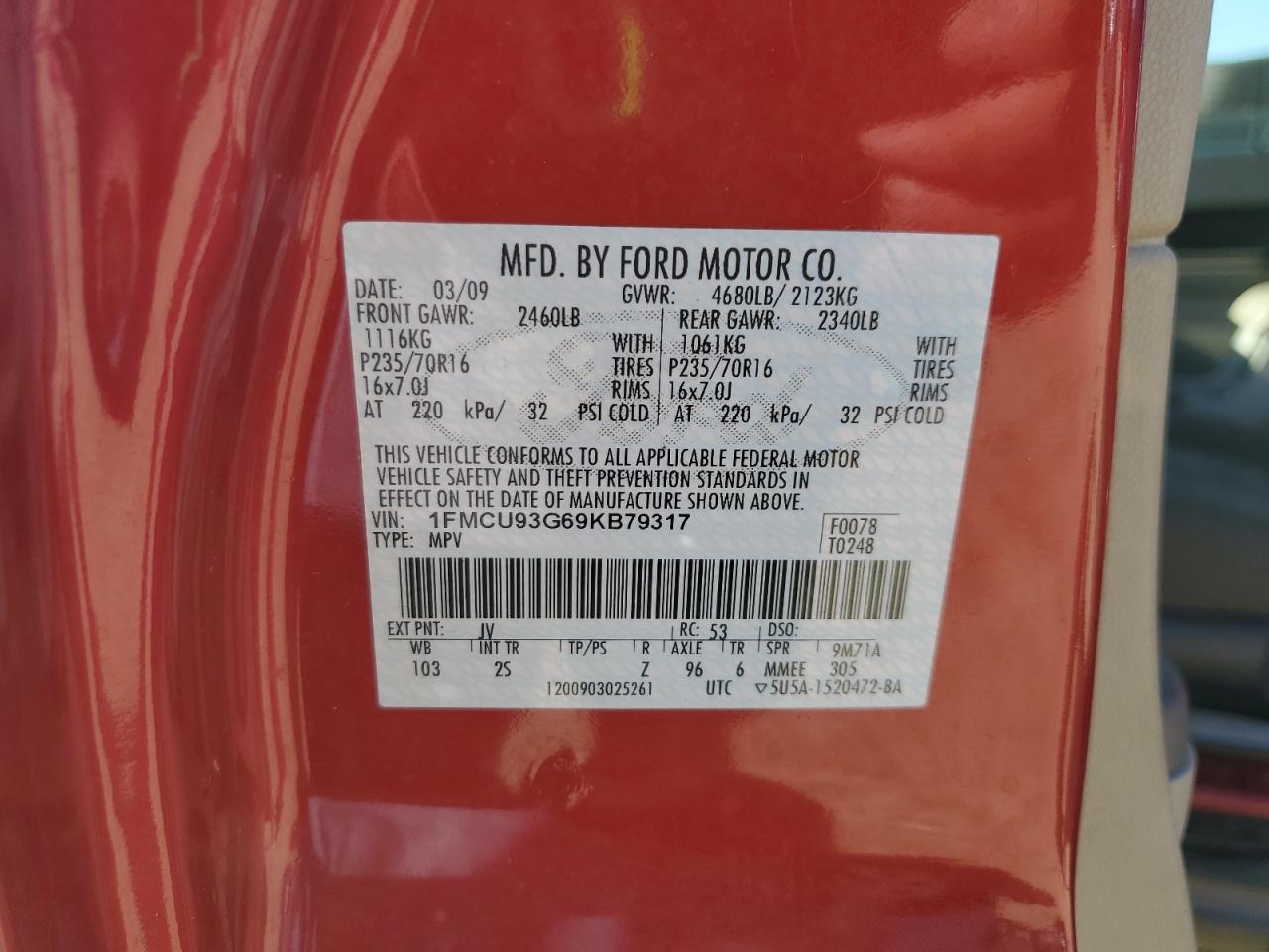 2009 Ford Escape Xlt VIN: 1FMCU93G69KB79317 Lot: 62777615