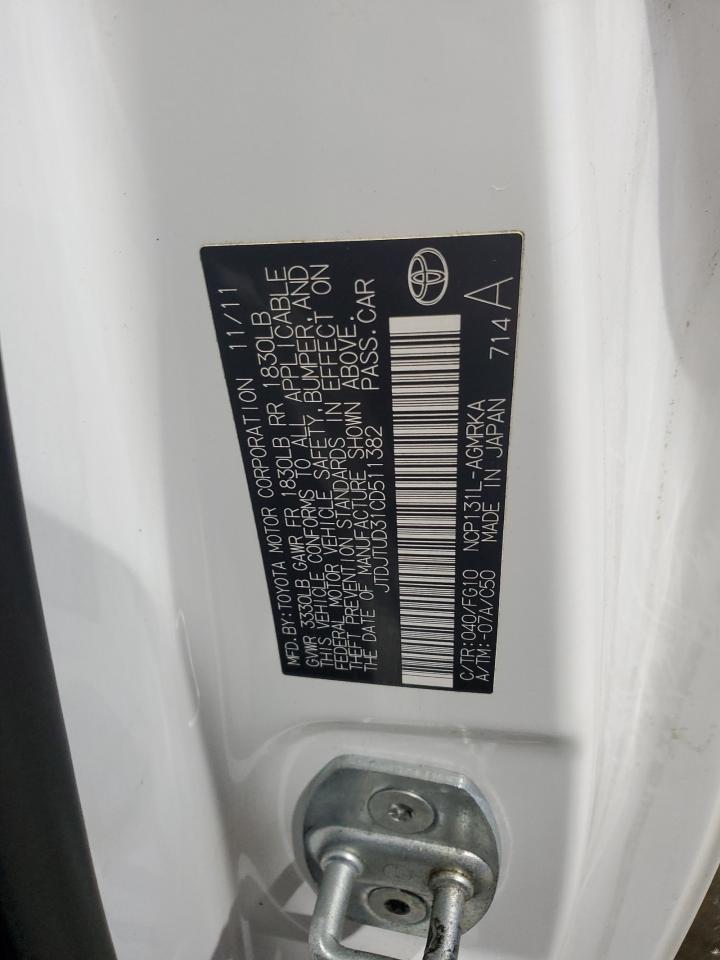 2012 Toyota Yaris VIN: JTDJTUD31CD511382 Lot: 64308585
