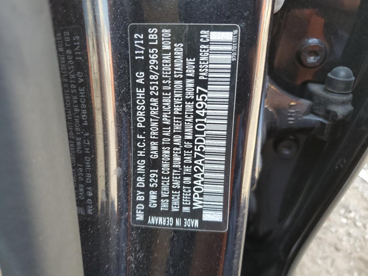 2013 Porsche Panamera 2 VIN: WP0AA2A75DL014957 Lot: 61481595