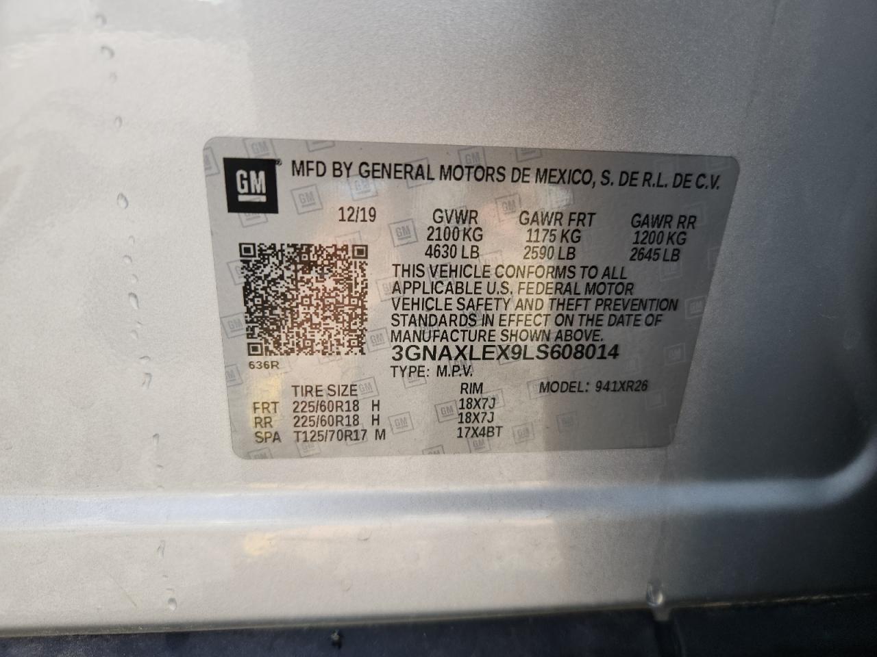 2020 Chevrolet Equinox Lt VIN: 3GNAXLEX9LS608014 Lot: 64463245