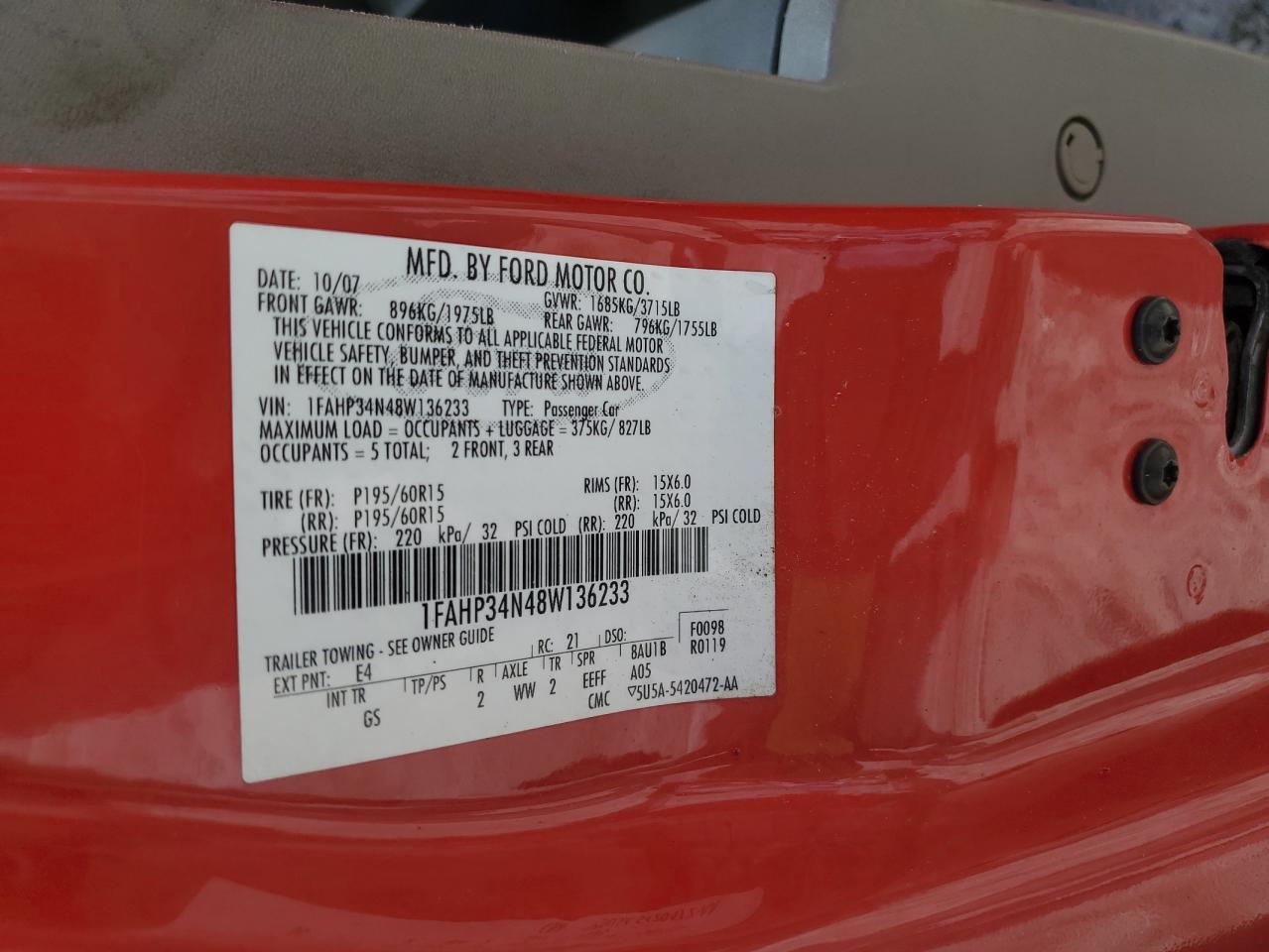 2008 Ford Focus S/Se VIN: 1FAHP34N48W136233 Lot: 63301185